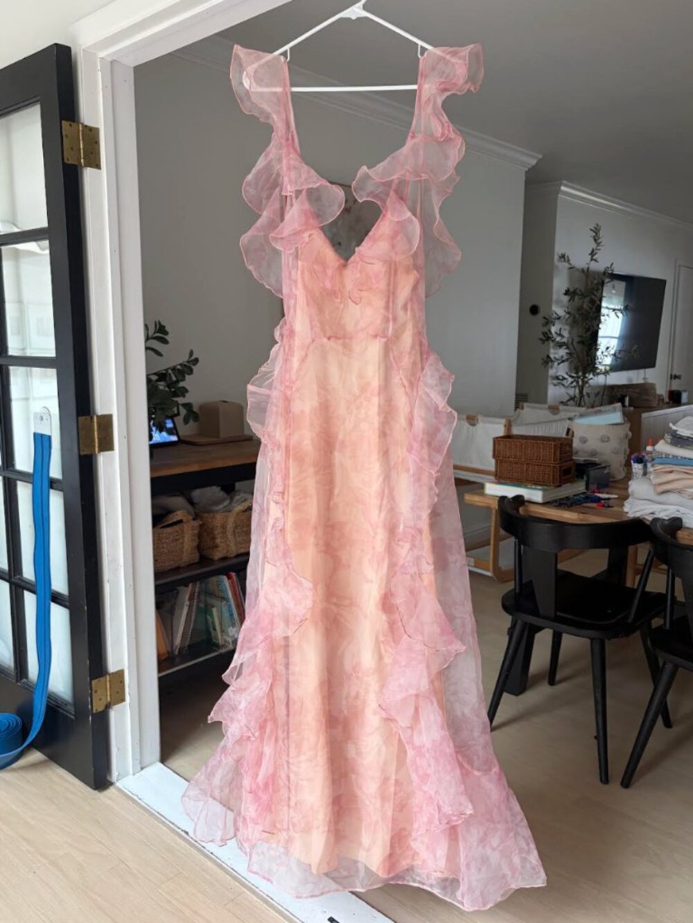 Luxxel Blush Organza Ruffle Cutout Maxi Dress Gown